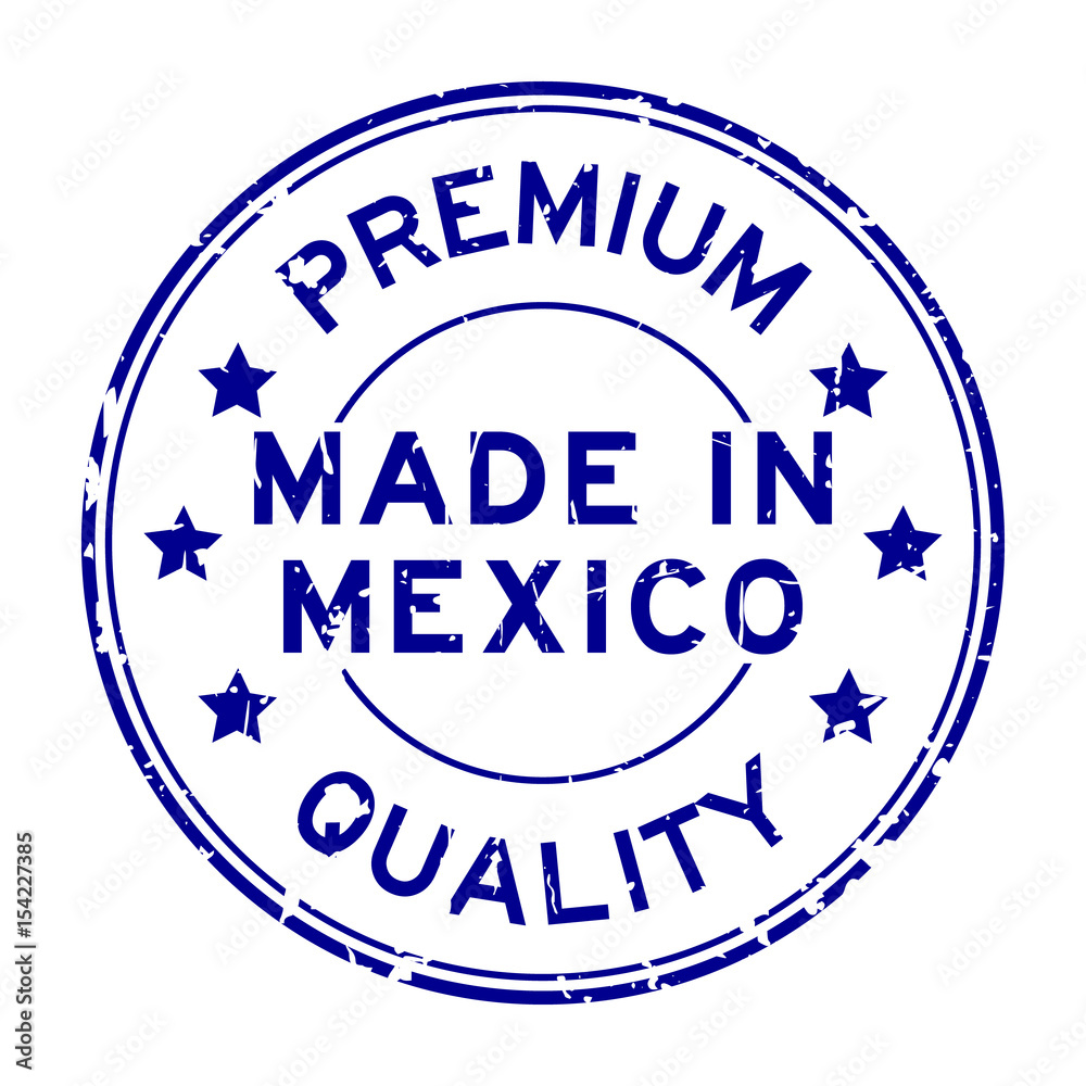 Grunge blue premium quality made in Mexico round rubber seal stamp on white background