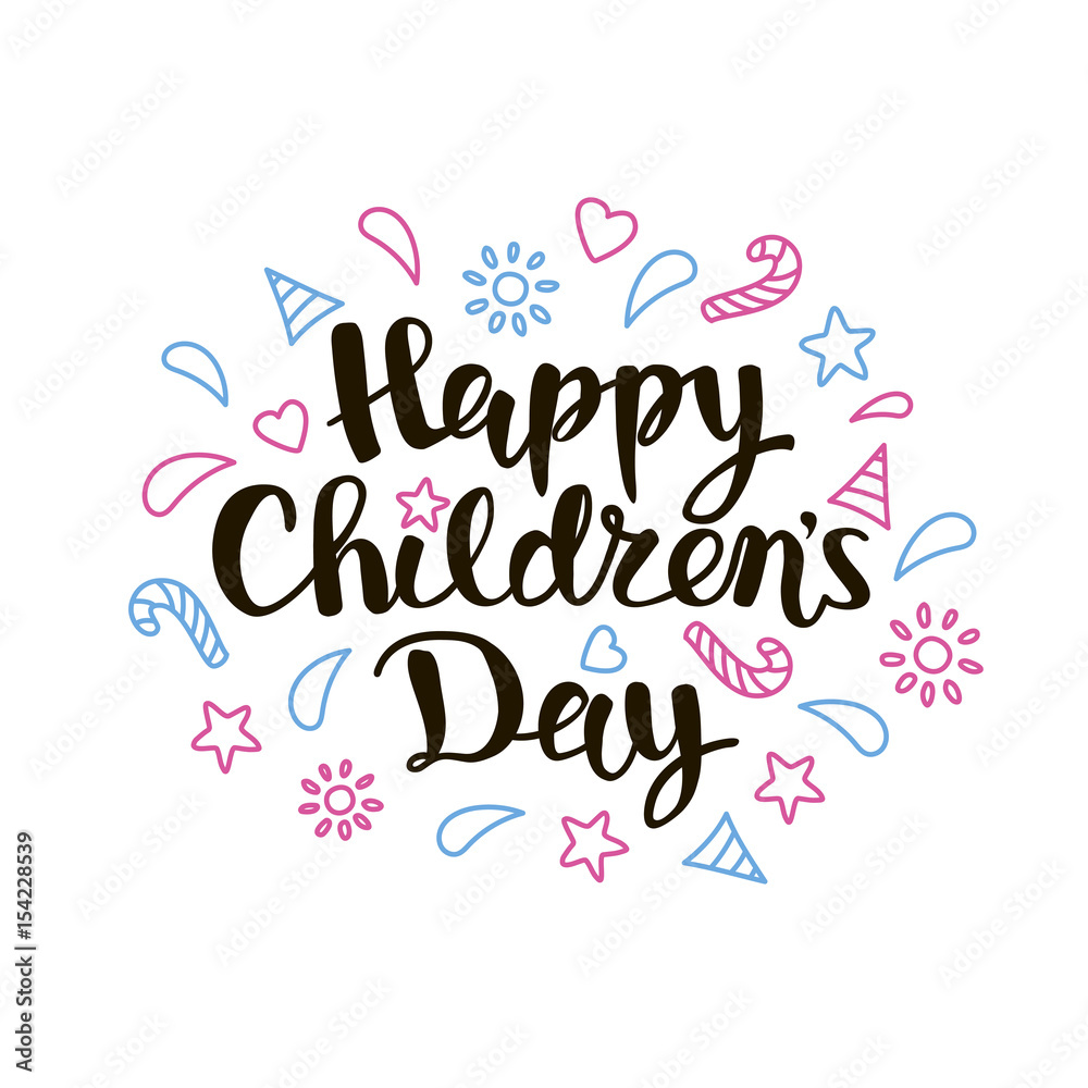 Children s day inscription on white background. Happy Childrens Day title hand lettering with decorative elements for cards, posters and banners. Vector illustration