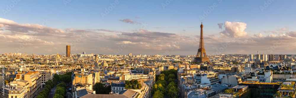 Panoramic summer view of Paris rooftops at sunset with the Eiffel Tower. 16th Arrondissement, Paris, France - obrazy, fototapety, plakaty 