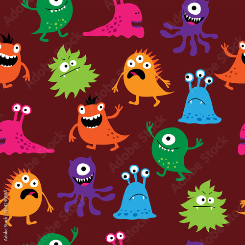Seamless background with cute cheerful colorful monsters
