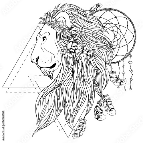 Fototapeta Naklejka Na Ścianę i Meble -  Lion head portrait, isolated on white. Banner, poster, card, t-shirt design template. Vector illustration. Hand drawn vintage engraved style. Coloring book. Symbol of pride, glory and royalty