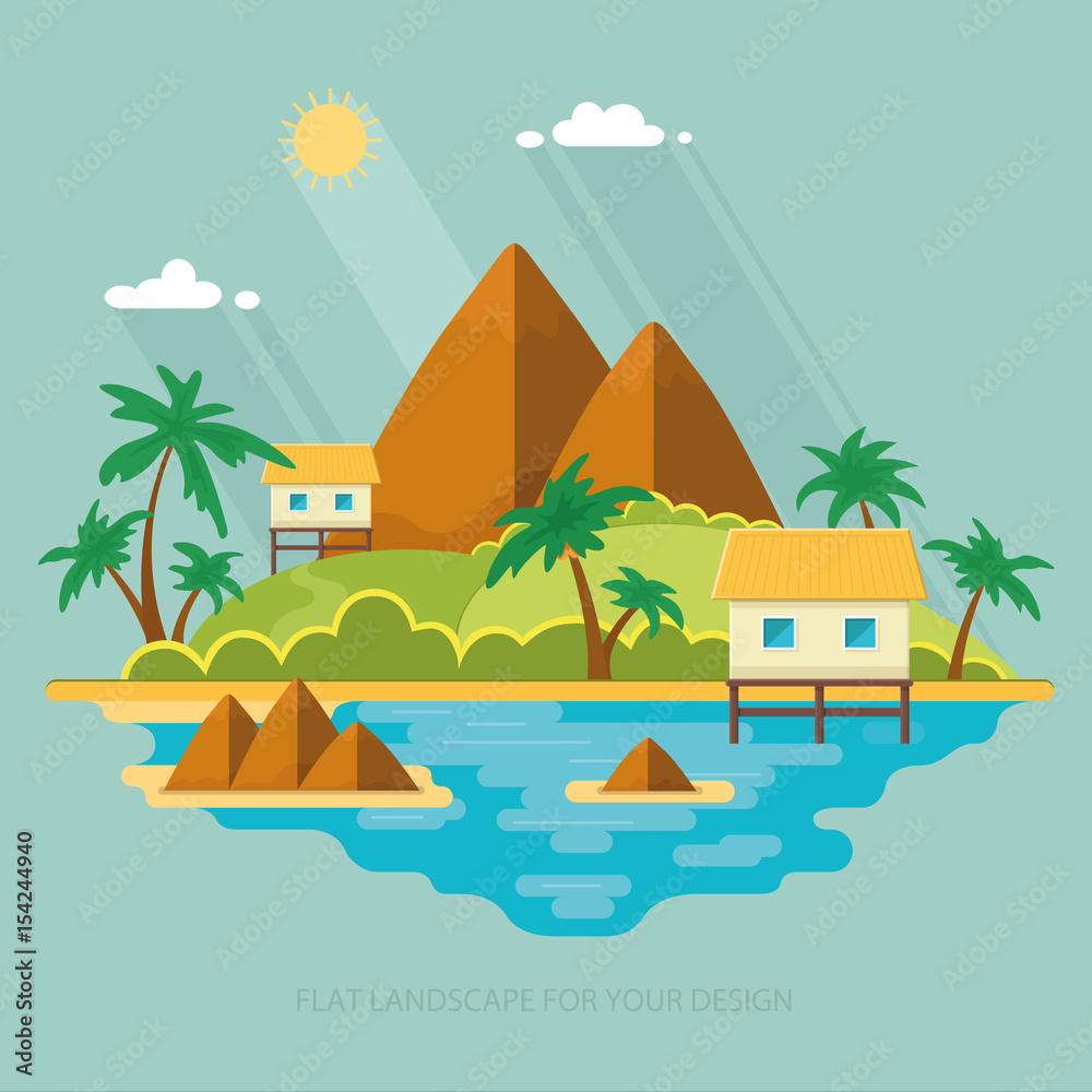 Summer paradise ocean landscape. A beautiful island with huts in the sea. Vacation with a holiday in the tropics. Flat vector illustration