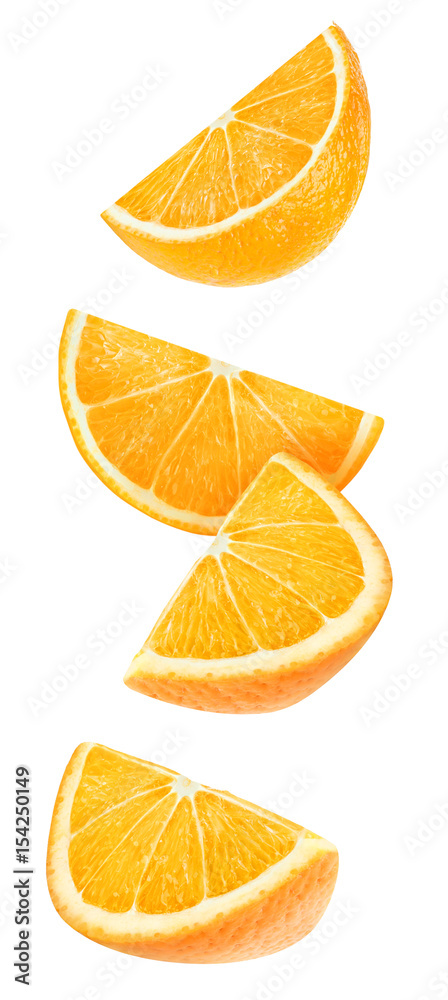 Fototapeta premium Isolated floating orange wedges. Four falling pieces of orange fruit isolated on white background with clipping path