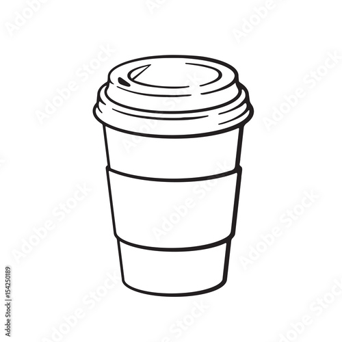 Vector illustration. Hand drawn doodle of disposable paper cup with coffee or tea. Cartoon sketch. Decoration for menus, signboards, showcases, greeting cards, posters, wallpapers