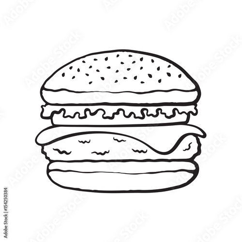 Vector illustration. Hand drawn doodle of hamburger with cheese, tomato and salad. Unhealthy food. Cartoon sketch. Decoration for menus, signboards, showcases, greeting cards, posters, wallpapers