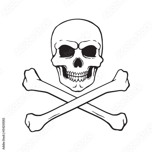 Vector illustration. Hand drawn doodle of skull Jolly Roger with crossbones at the bottom. Danger warning sign. Cartoon sketch. Decoration for greeting cards, posters, emblems, wallpapers