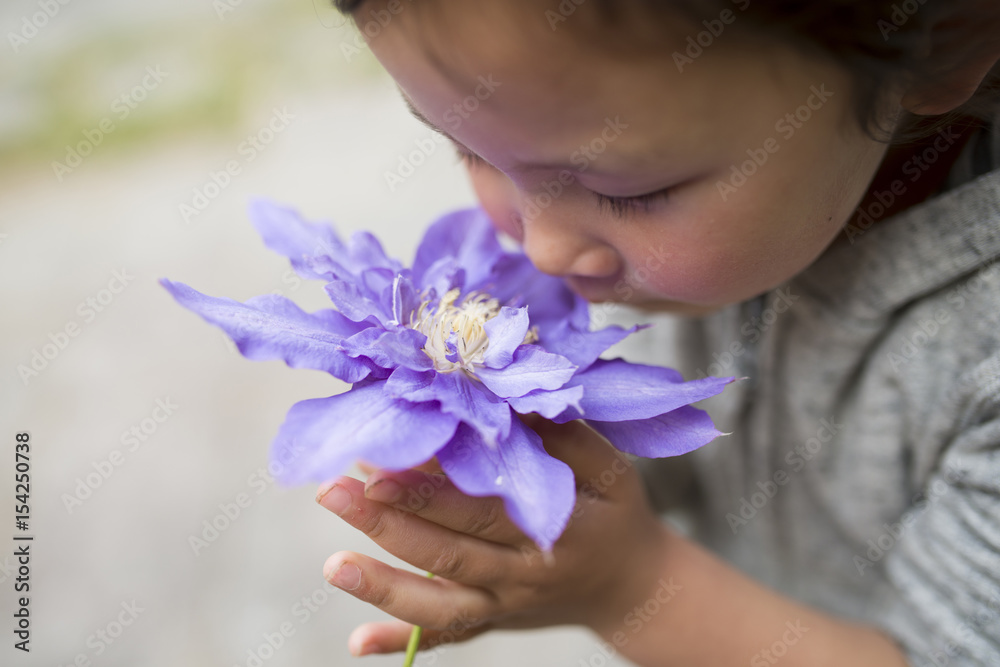 青い花の香りを嗅ぐ女の子