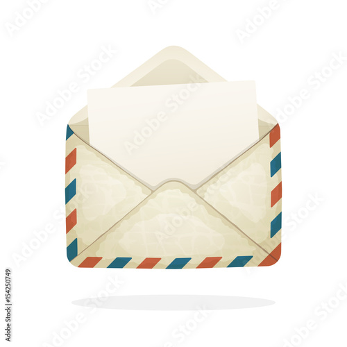 Vector illustration in cartoon style. Opened vintage mail envelope from old paper. Incoming message has been read.  Decoration for greeting cards, prints for clothes, posters