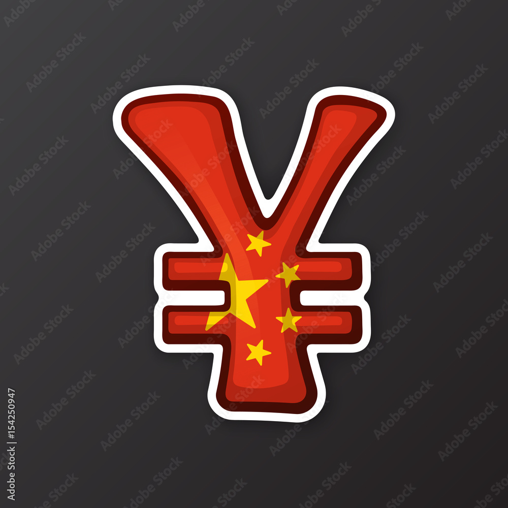 Obraz premium Vector illustration. Yuan sign in national flag colors with two lines. Symbol of world currencies. Sticker in cartoon style with co ntour. For patches, prints for clothes, badges, posters, emblems