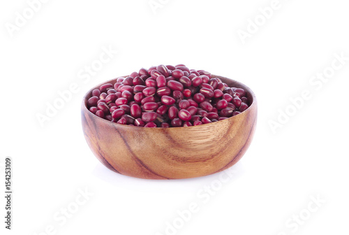 Red bean in wooden bowl on white background