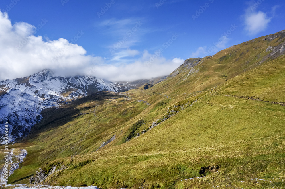 Stunning landscape of green grass Alp mountains with sun shine in daylight autumn, Switzerland