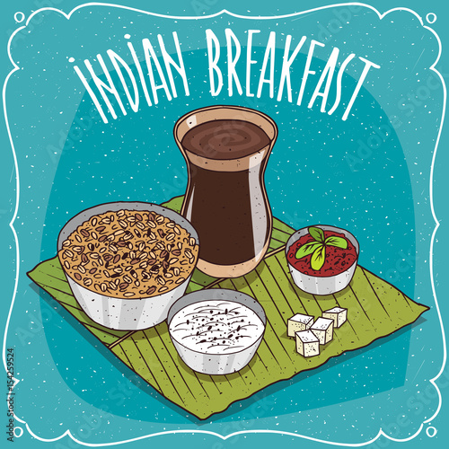 Traditional breakfast, food of Indian cuisine, muesli or oatmeal with spicy sauce and curd cheese, on banana leaf plate and masala chai tea. Hand drawn comic style