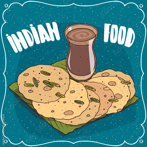 Traditional food, dish of Indian cuisine, round flatbread like Roti, Naan, Chapati, Papadum or Paratha, on banana leaf plate and masala chai tea. Hand drawn comic style