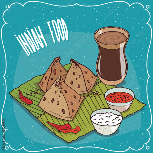 Traditional pastry, food of Indian cuisine, snack known as Samosa with sauce and curd cheese, on banana leaf plate and masala chai tea. Hand drawn comic style
