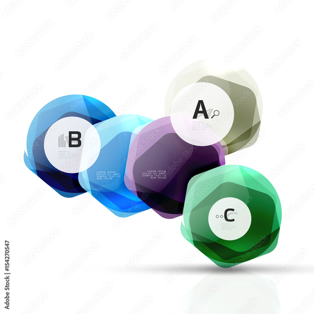 Glass color hexagons. Glossy plastic hexagon design with text Glass color hexagons. Glossy plastic hexagon design with text