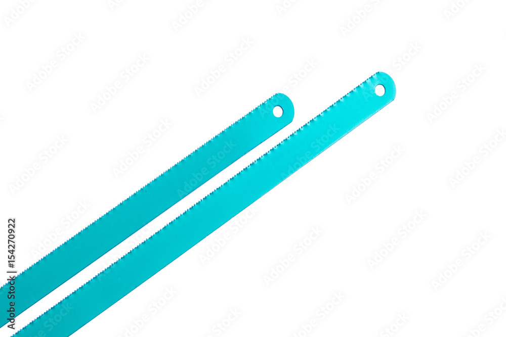 Top view a part of blue saw blade teeth isolated on white background. Blade of saw. Top view a part of blue saw blade teeth isolated on white background. Blade of saw.