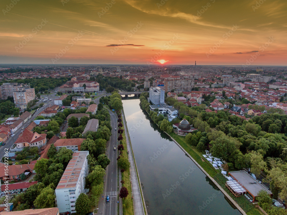 Fototapeta premium Oradea Cris River at sunset aerial view