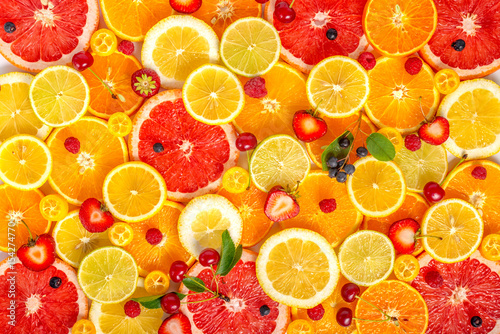 Fotótapéta top view of  beautiful fresh trendy seamless pattern sliced mixed citrus fruits