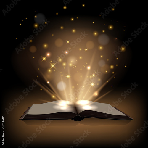 Magic book with magic lights on dark brown background. Vector illustration.
