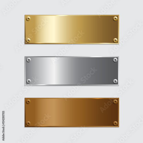 Vector golden, silver and bronze podium plates isolated on grey background. 