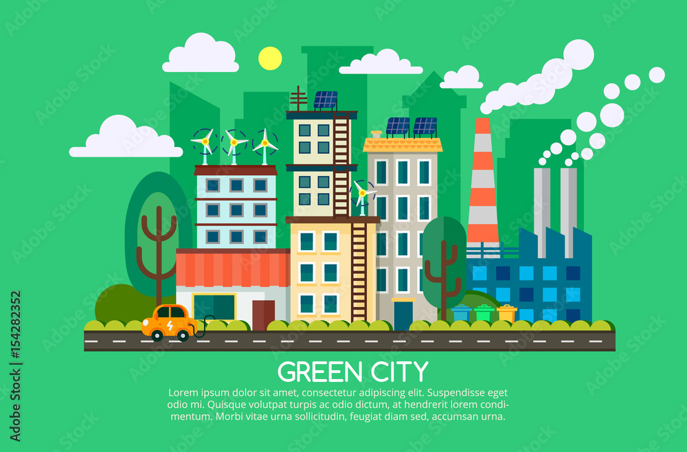 Modern flat design concept of smart green city. Eco friendly city, generation and saving green energy. Vector illustration for i