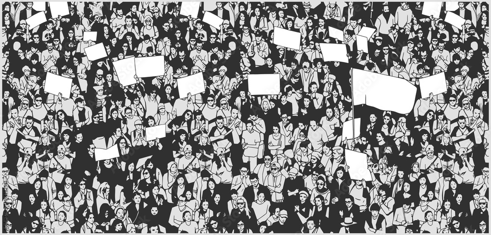 Illustration of crowd protesting for human rights with blank signs and flag Illustration of crowd protesting for human rights with blank signs and flag