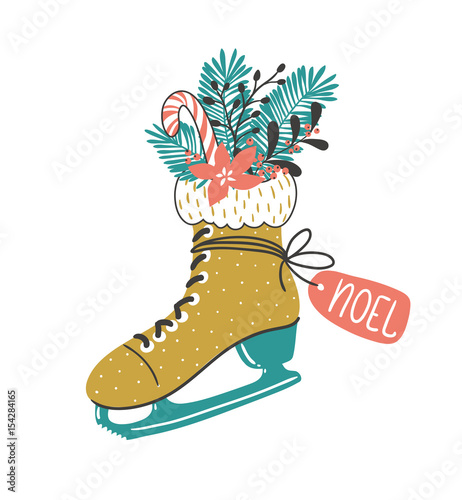 Hand drawn vector card with skate and winter christmas bouquet . Christmas print design.