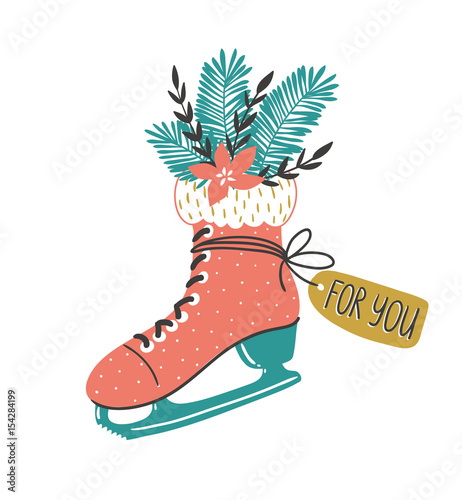 Hand drawn vector card with skate and winter christmas bouquet . Christmas print design.