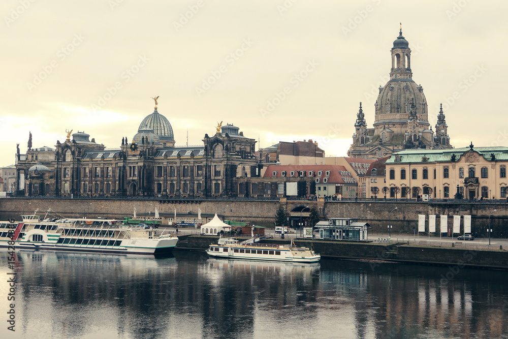 Dresden panorama with Bruhl Terrace so called Balcony of Europe , the Church of Our Lady and the Elbe, Dresden, Germany. Retro style.