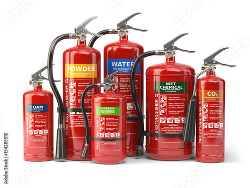 Fire extinguishers isolated on white background. Various types of extinguishers.