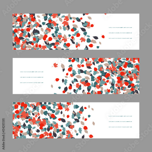 Autumn banner set. Red and blue maple leaves. Copy space. Background of fallen leaves. Frame for text. Fall concept. Vector illustration.