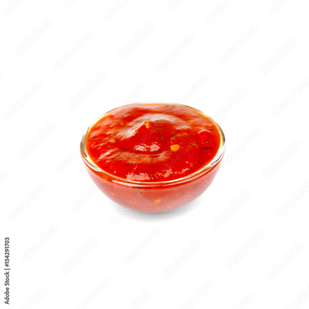Bowl of delicious chili sauce isolated on white Bowl of delicious chili sauce isolated on white
