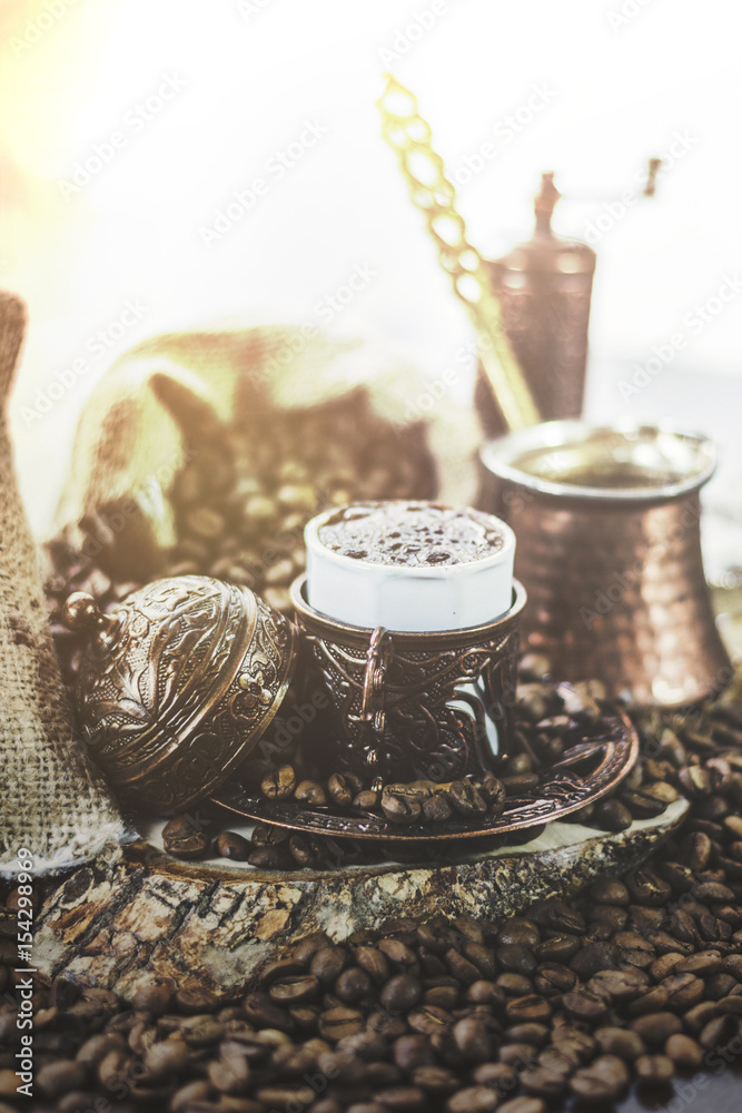 Turkish Coffee cup and saucer on a wooden table