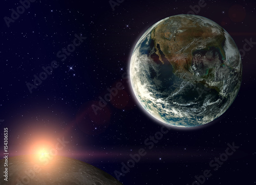 Fototapeta Naklejka Na Ścianę i Meble -  Fantasy composition with the Earth in a starry sky. The sun rises behind the Moon. Elements of this image furnished by NASA.