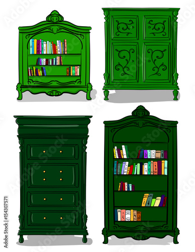 A set of furniture bookcases with chests of drawers in shades of green colours on a white background eps 10 illustration