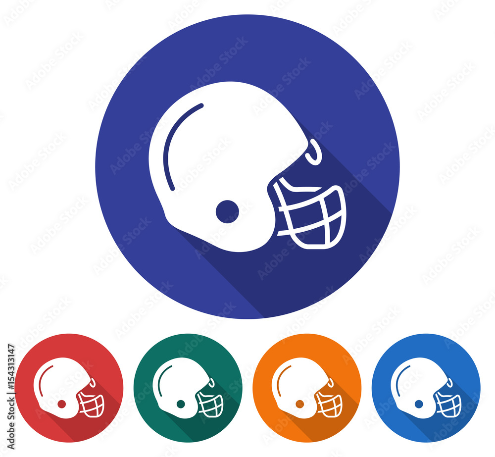 Round icon of american football player helmet. Flat style illustration with long shadow in five variants background color Round icon of american football player helmet. Flat style illustration with long shadow in five variants background color