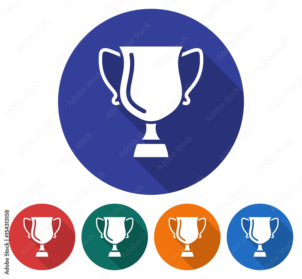Round icon of winner trophy cup. Flat style illustration with long shadow in five variants background color Round icon of winner trophy cup. Flat style illustration with long shadow in five variants background color