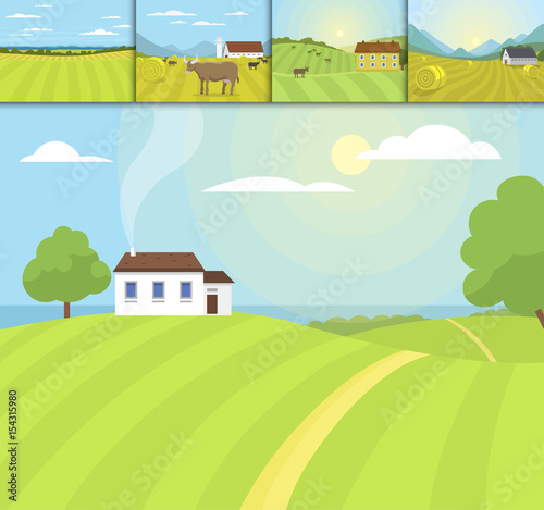 Village landscapes vector illustration farm house agriculture graphic countryside