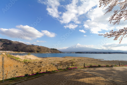 Mt fuji and Lake in cherry blossom sakura season