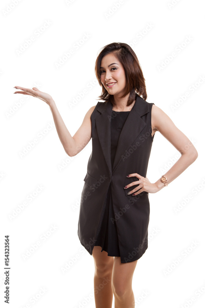 Young Asian woman present with her hand. Young Asian woman present with her hand.