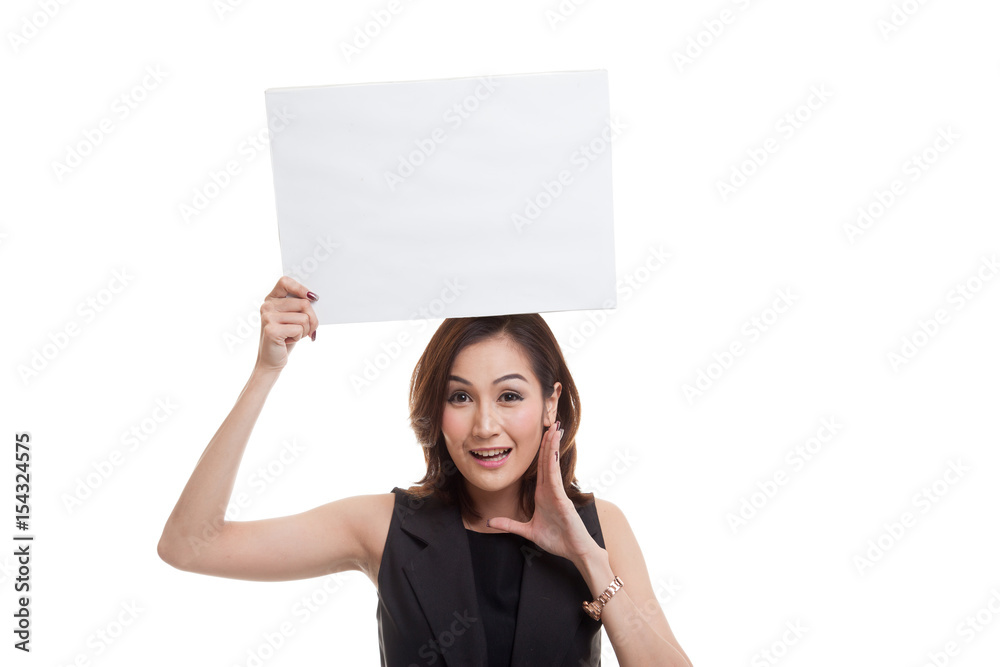 Young Asian woman surprise with white blank sign. Young Asian woman surprise with white blank sign.