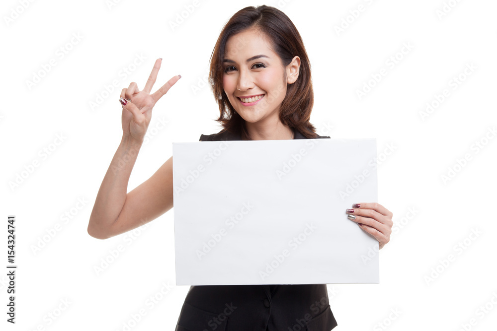Young Asian business woman show victory sign with blank sign. Young Asian business woman show victory sign with blank sign.