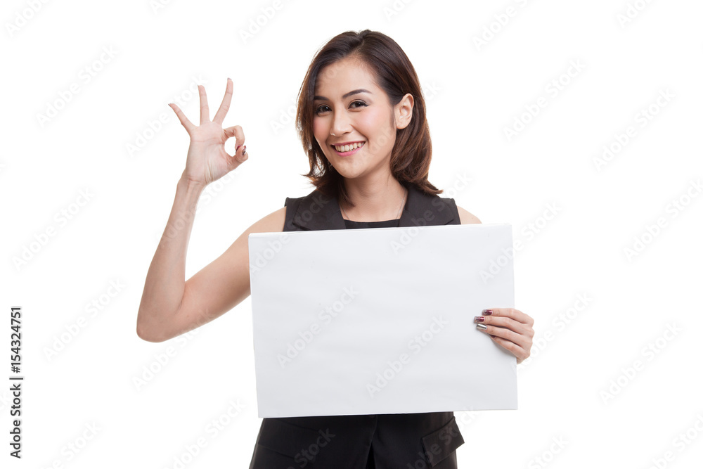 Young Asian woman show OK with white blank sign. Young Asian woman show OK with white blank sign.