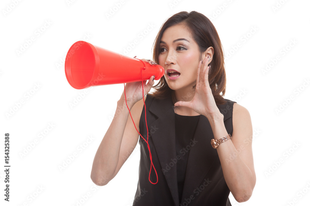 Beautiful young Asian woman announce with megaphone. Beautiful young Asian woman announce with megaphone.