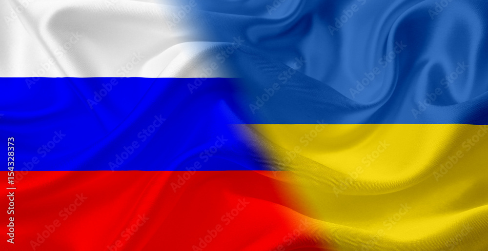 Fototapeta premium Flag of Russia and Ukraine, with waving fabric texture