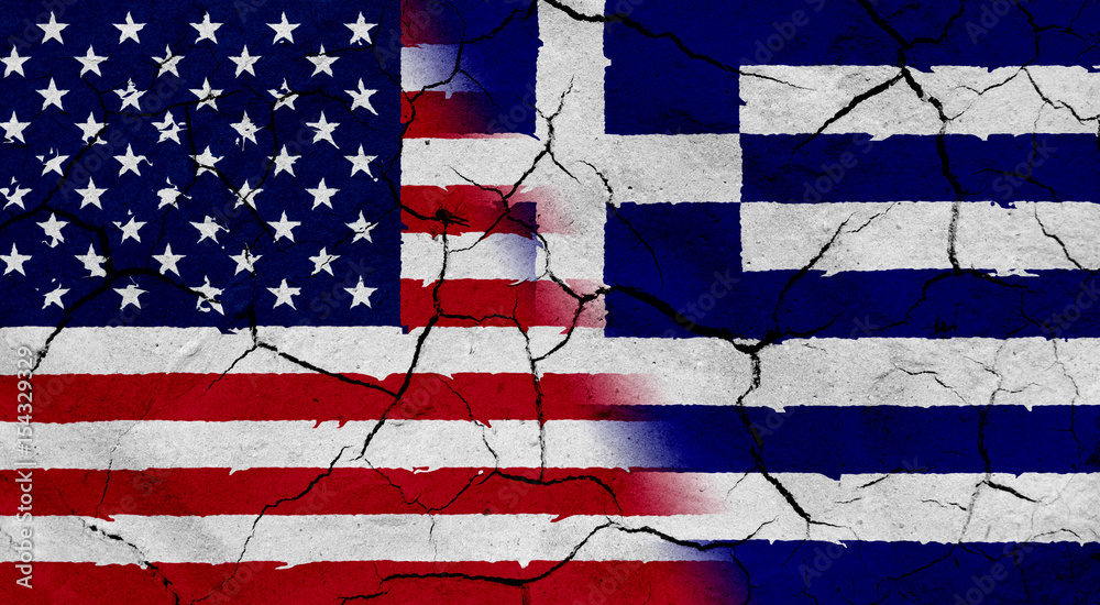 Obraz premium Flag of USA and Greece, with cracked background texture