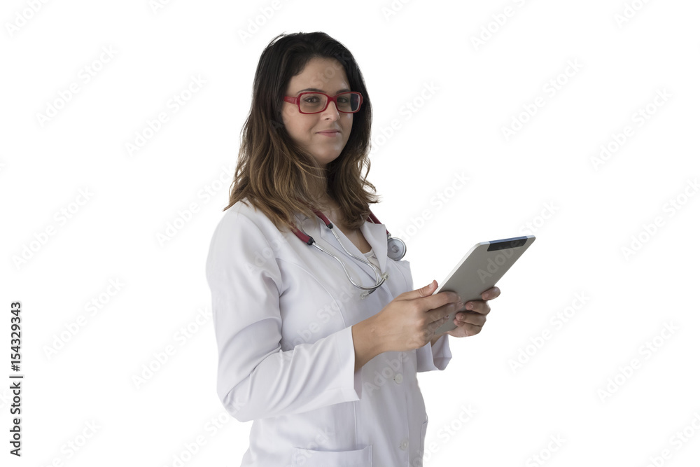 Woman doctor, veterinary or scientist with stethoscope isolated over white background Woman doctor, veterinary or scientist with stethoscope isolated over white background