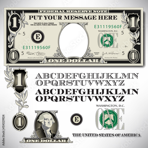 One dollar bill parts with an alphabet to make your own message    photo