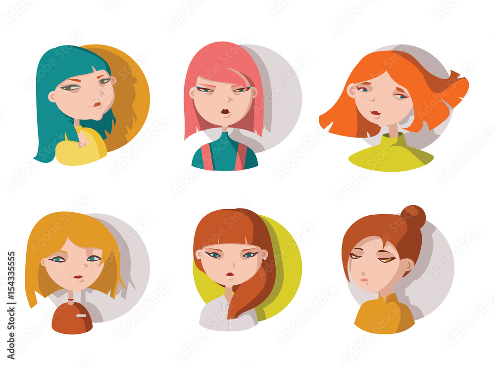 Hand drawn young girls heads, isolated on white. Bright cute girls drawn with different hair color and various face expression. Vector illustration good for icons, character or avatar. Hand drawn young girls heads, isolated on white. Bright cute girls drawn with different hair color and various face expression. Vector illustration good for icons, character or avatar.