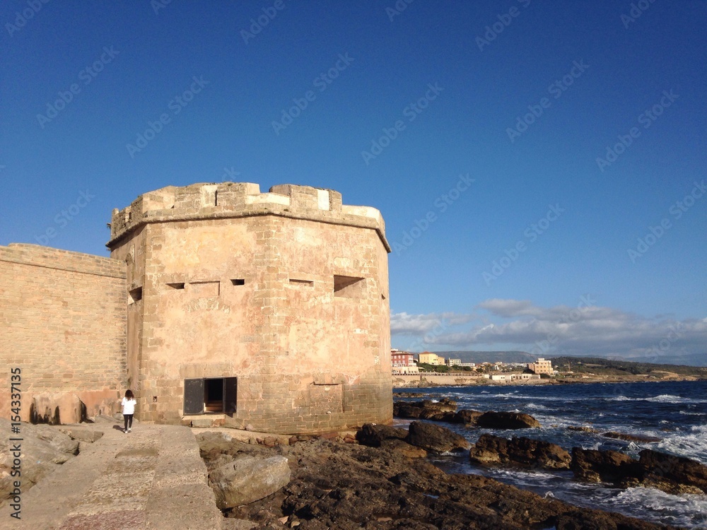 coastal tower at alghero, sardinia, italy